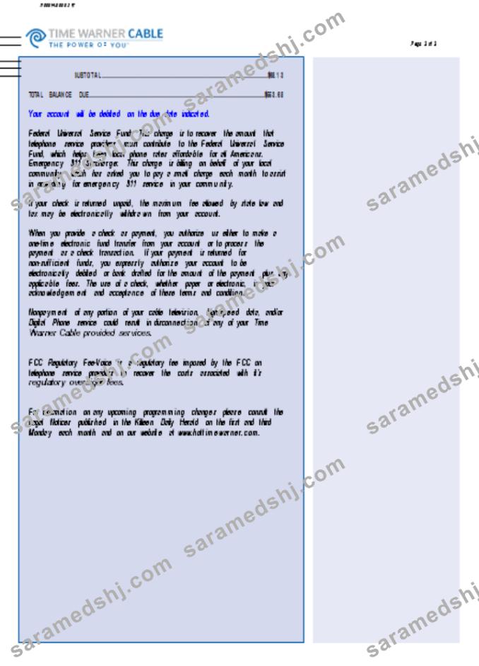 Time Warner Cabel utility business bill,  page 3, SCR